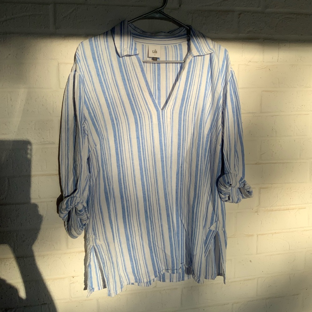 CAbi Blue and White Striped Blouse